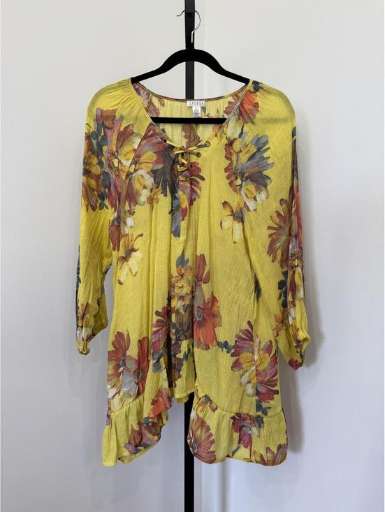 Spense Tops - Spense Yellow Floral Lace-Up Blouse Large